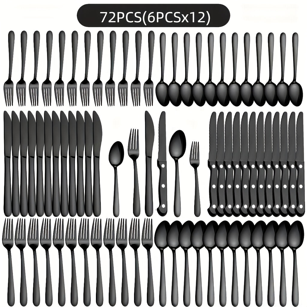Juego de vajilla de acero inoxidable negro de 72 piezas, vajilla de acero inoxidable genuino, 60 piezas negro brillante, adecuado para 12 personas, juego de cubiertos de cuchillo, tenedor, cuchara, adecuado para bodas, fiestas, cumpleaños, restaurantes, a