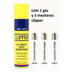 Lote botella de gas Isobutano y 3 mecheros aleatorios con dibujos modernos y nuevas colecciones de clipper.
