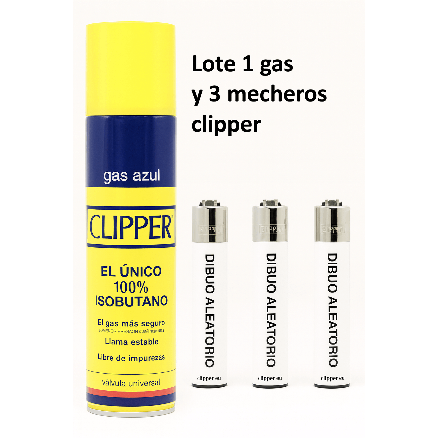 Lote botella de gas Isobutano y 3 mecheros aleatorios con dibujos modernos y nuevas colecciones de clipper.