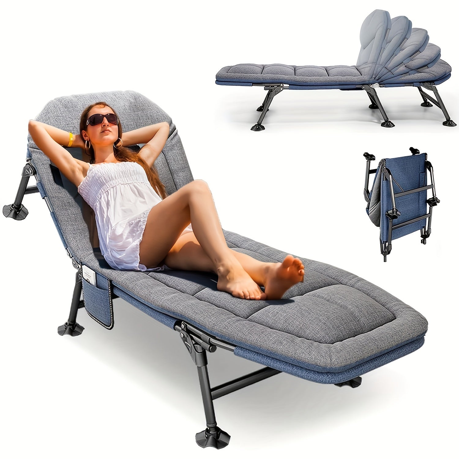 Camilla Solar de Jardín - Jardín Reclinable, Cama de Pesca, Pesca de Carpa con Bolsillo Lateral y Colchón, Camilla Solar Portátil Ajustable de 5 Velocidades para Exteriores