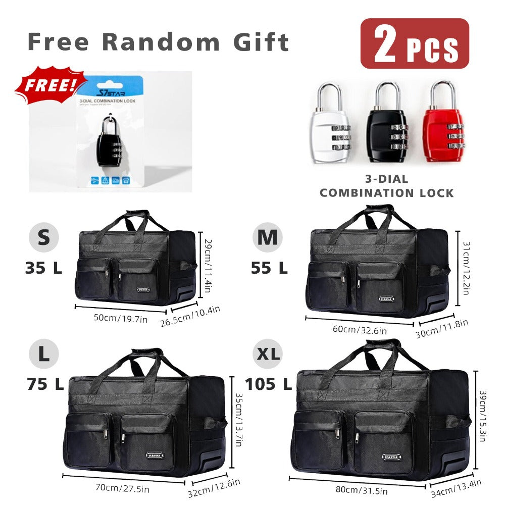 [Varios tamaños] Bolsa de lona con ruedas y candado de seguridad aleatorio GRATIS | 2 artículos en total: 1 bolsa (elija entre 35L, 55L, 70L, 105L) + 1 candado | Opción de equipaje de mano | para senderismo, playa, viajes