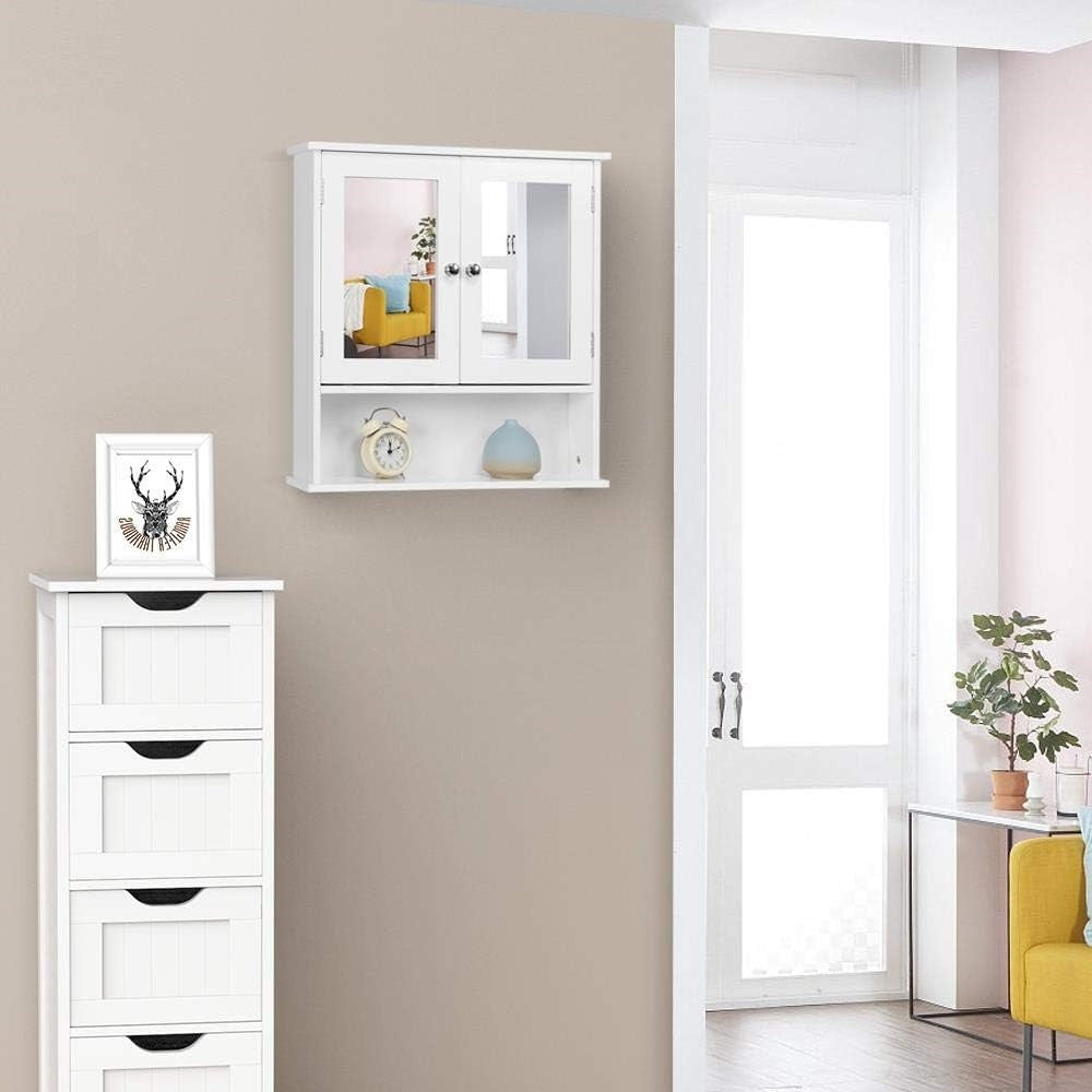 Costoffs Armario con Espejo para Baño con Puerta de Espejo, Armario Colgante para Baño con Espejo de Pared con 3 Estantes 56 Cm X 13 Cm X 58 Cm