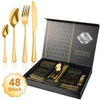 Juego de cubiertos de acero inoxidable de 48 piezas para 12 personas | Elegante caja de regalo, cubiertos premium, pulido espejo, apto para lavavajillas, cuchillos para bistec, tenedores y cucharas ergonómicas | para reuniones familiares, bodas, inaugurac