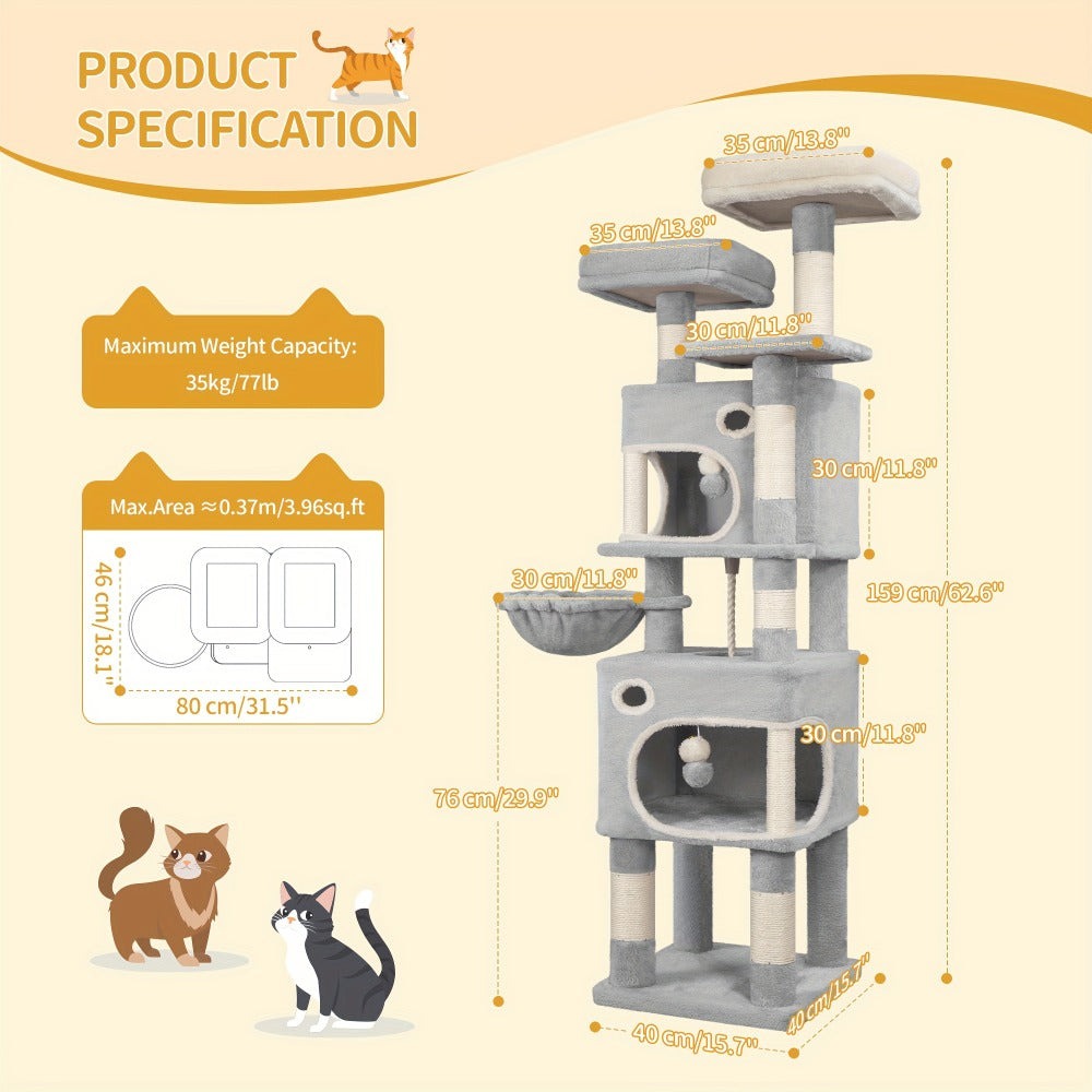 Árbol para gatos de 159 cm con 8 rascadores, 3 plataformas, 2 cuevas, cesta, pelotas de felpa, cuerda de sisal, adecuado para gatos de varios tamaños, gris claro/gris oscuro