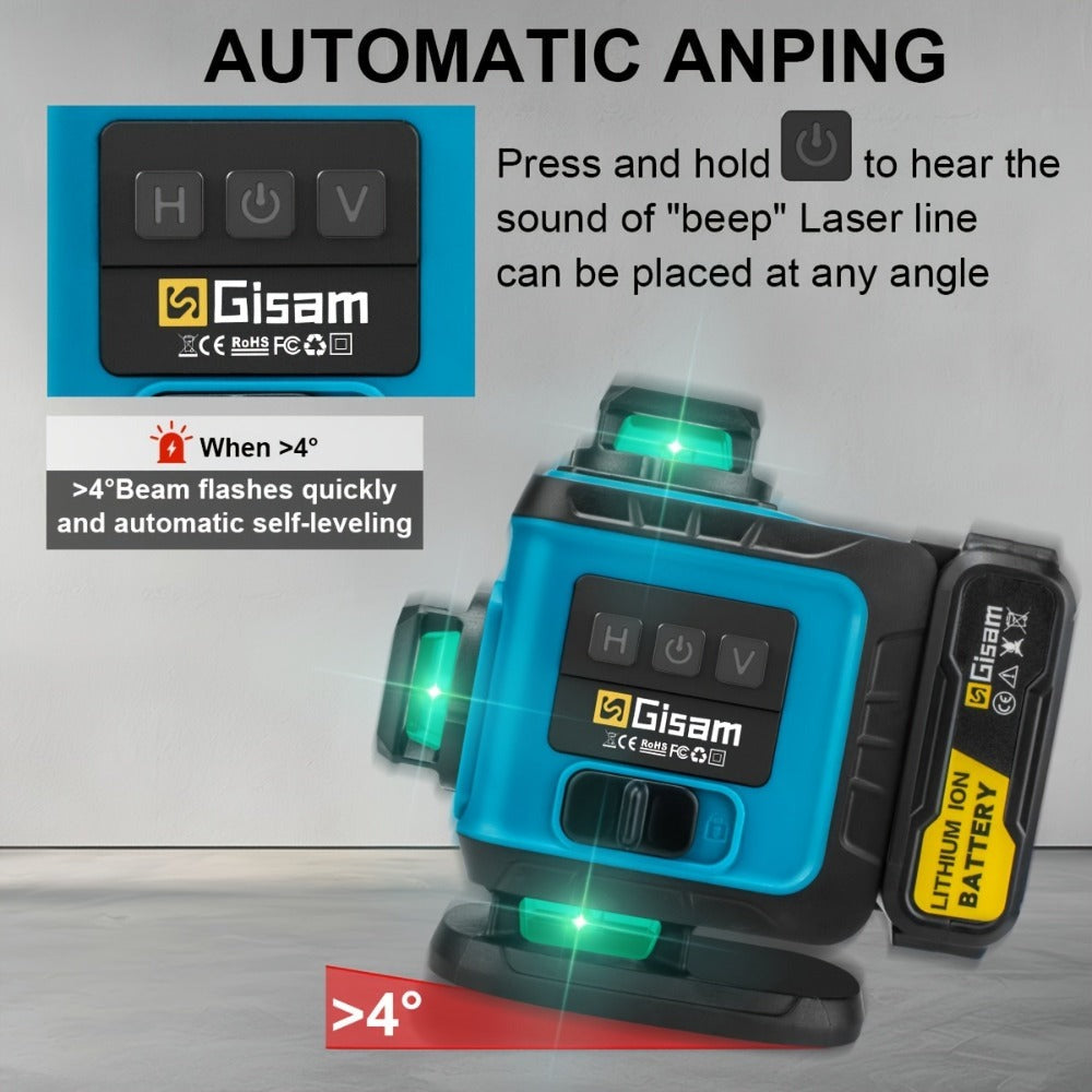 Nivel láser láser verde 4D multifuncional Gisam de 16 líneas con trípode y control por aplicación, autonivelante 360° con líneas cruzadas horizontales y verticales, alimentado por USB y batería, incluye estuche de transporte, haz superpotente, diseño port