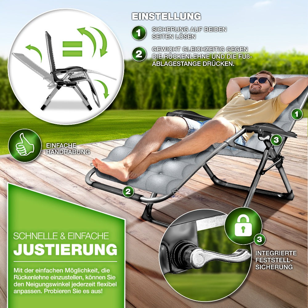Tillvex® Tumbona Reclinable Plegable hasta 200Kg, Sillón de Sol para Jardín Exterior, Resistente a la Intemperie para Balcón, Jardín y Terraza, Ajustable con Acolchado Grueso, Reclinable, Extra Ancha, con Soporte para Bebidas