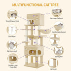 Rascador para Gatos, Árbol de 178 cm con Plataforma Grande, 2 Cuevas, 7 Postes Rascaresos, Pompones, Reposaderos y Hamaca, Adecuado para Todas las Razas de Gato, Gris Claro