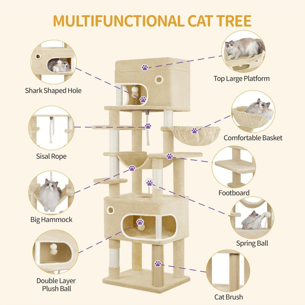 Rascador para Gatos, Árbol de 178 cm con Plataforma Grande, 2 Cuevas, 7 Postes Rascaresos, Pompones, Reposaderos y Hamaca, Adecuado para Todas las Razas de Gato, Gris Claro