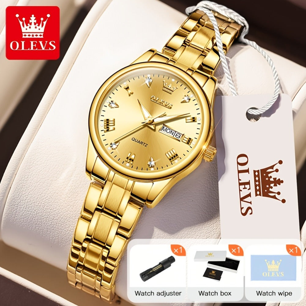 Relojes de Mujer OLEVS: Elegantes y de Moda para Negocios, Diseño Femenino para Muñecas Pequeñas, Cara Pequeña, Tono Dorado y Plateado, Correa de Acero Inoxidable, Cuarzo Analógico, Fecha y Día, Luminiscente, Esferas en /Blanco/Dorado/Azul