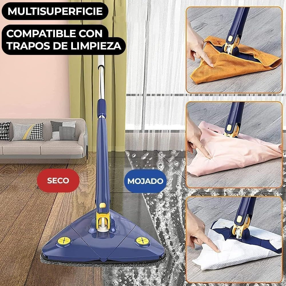 Mopa Triangular Limpieza Giratoria 360 para Limpiar Suelos, Paredes, Ventanas, Techos y Muebles. Fregona Triangular Microfibra, Función Autoescurrible, Incluye 2 Recambios. Cabezal de 27 x 27 x 27 cm, con un Mango Extensible de hasta 130 cm. - Dekohome