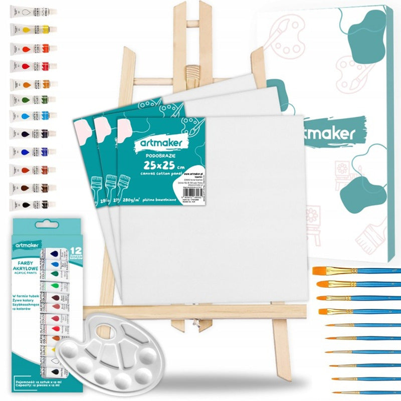 Set de Pintura Artmaker Grande - Kit Artístico Completo con Caballete de Madera de 50cm, 3 Lienzos (25x25cm), 12x12ml de Pinturas Acrílicas, 10 Pinceles y Paleta de Pintura - Suministros de Arte Profesionales para Principiantes y Artistas Avanzados - Rega
