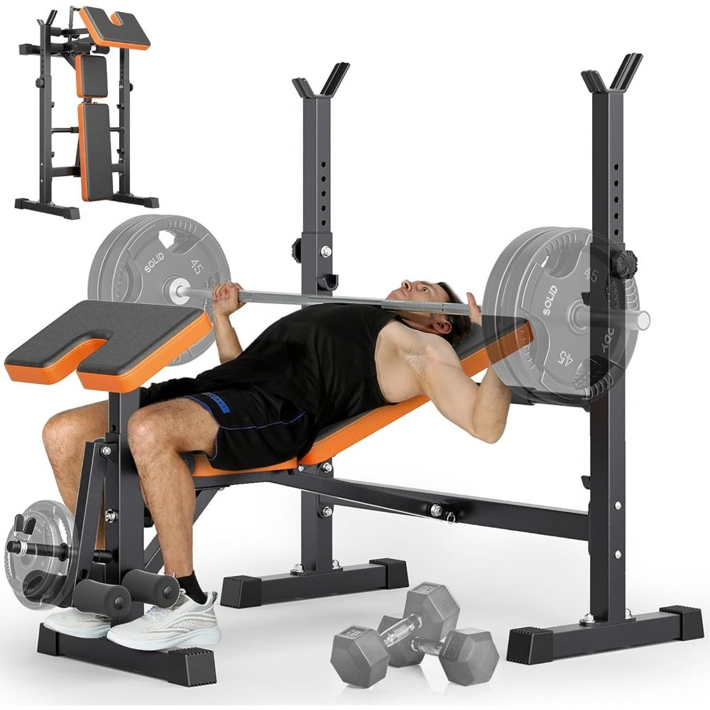 Gimnasio en casa plegable 6 en 1 con peso para banco | Entrenamiento multifuncional para banco con soporte para sentadillas, curl de piernas y abdominales | Set de fitness todo en uno, sin batería
