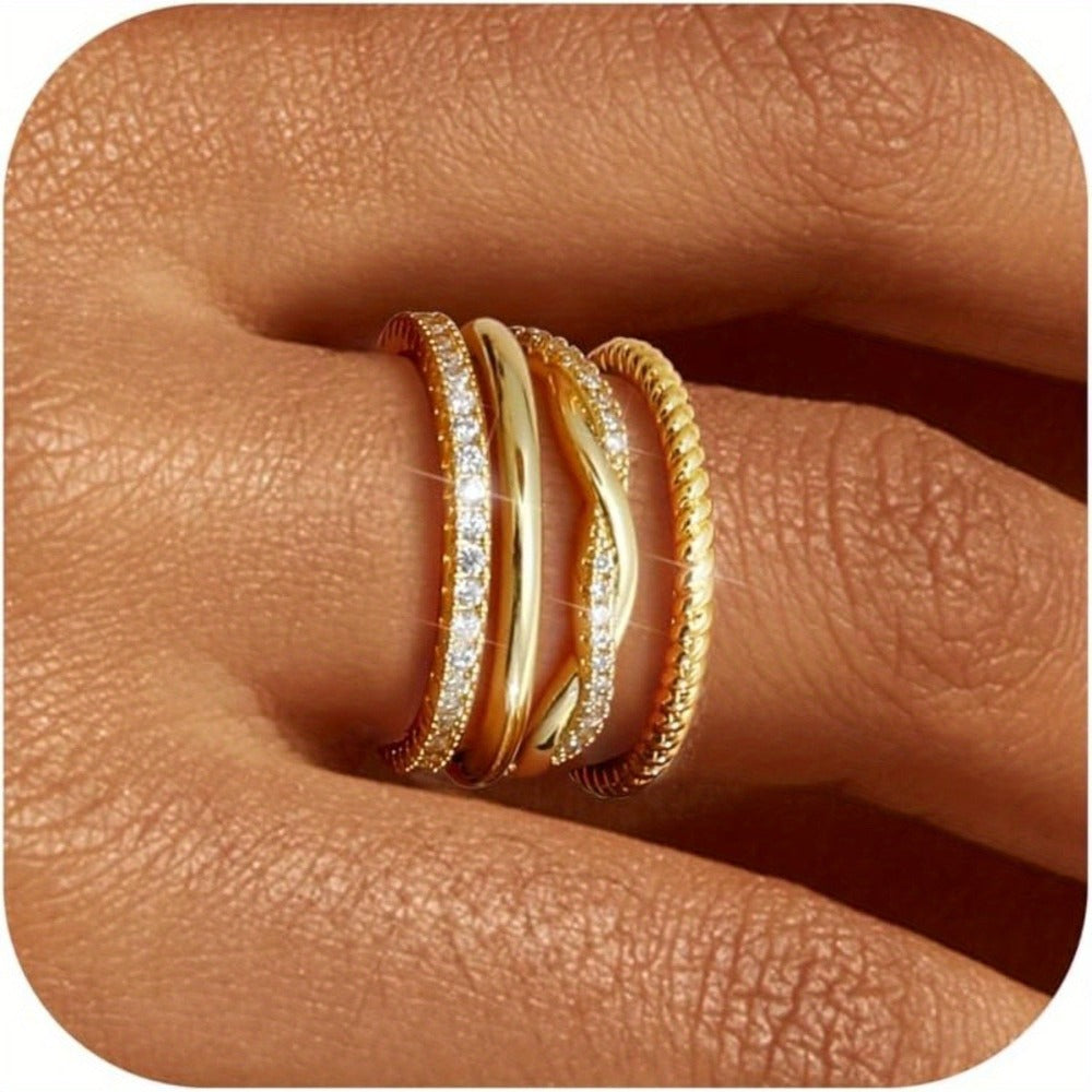 4 anillos dorados apilables para mujer, sin manchas, delicados, chapados en oro de 14 quilates, anillos finos apilables, juego de anillos para pulgar de circonita cúbica, anillos de compromiso de boda de declaración de moda, anillos de compromiso para muj