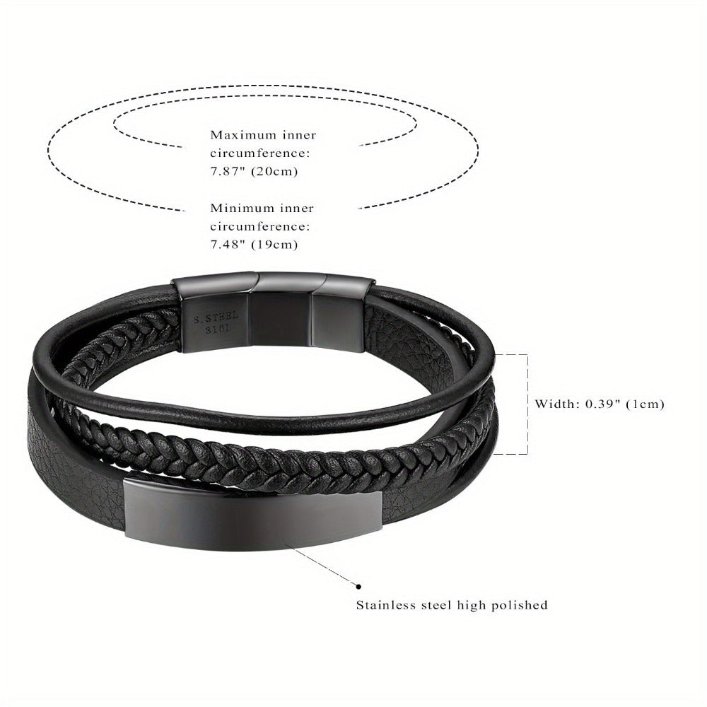 Un brazalete tejido multicapa diseñado para hombres, equipado con un cierre curvo de marca. Su longitud ajustable lo convierte en un regalo ideal para hombres