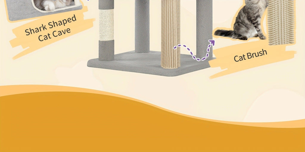 Árbol para Gatos, 203 cm con Plataforma Grande, Cueva Doble, 7 Postes Rascadores Pomponas Reposadería Hamaca Adecuado Para Todo TipodeGato Gris Claro/grisescuro Beige