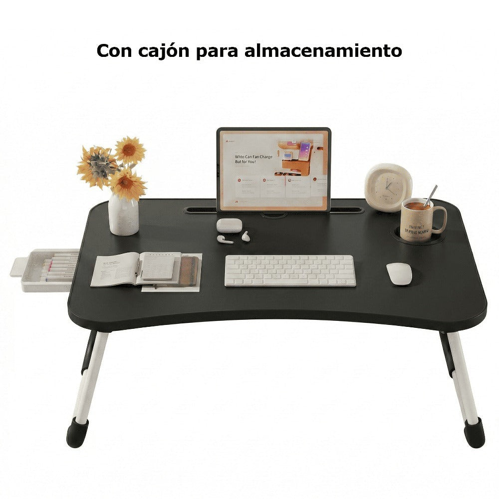 Mesa plegable multifunción para cama y sofá con portavasos, 60×40×28 cm, mesa auxiliar con atril para leer en la cama, bandeja multifunción para ordenador, libros, trabajo y estudio en casa (con cajón / sin cajón)