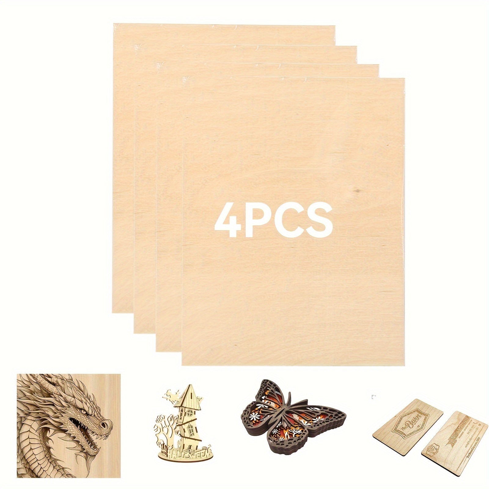 4 Paquetes de Láminas de Contrachapado de Madera Natural Cortadas con Láser - Compatibles Pre-Probadas para Corte CNC, Pintura y Manualidades DIY con Cara de Grano Natural, Tamaño A4 (29.97cm x 21.49cm) Tablero de Manualidades Cortado con Láser Adecuado p