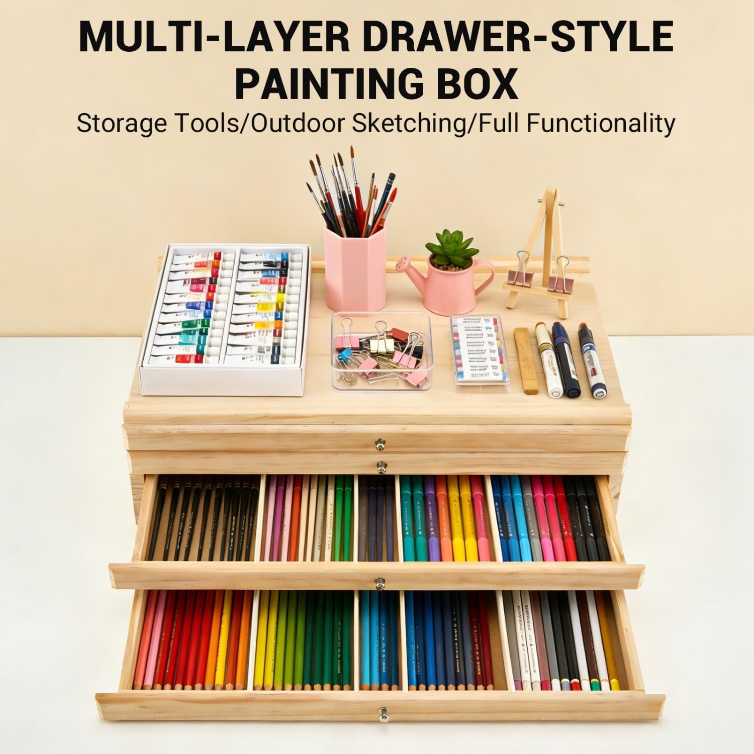 Caja de Almacenamiento para Materiales de Arte de 4/8 Capas - Estuche Grande Multifuncional con Cajones y Separadores, Adecuado para Tizas de Colores, Lápices, Bolígrafos, Marcadores, Pinceles y Sellos, También se Puede Utilizar Como Caballete o Decoració