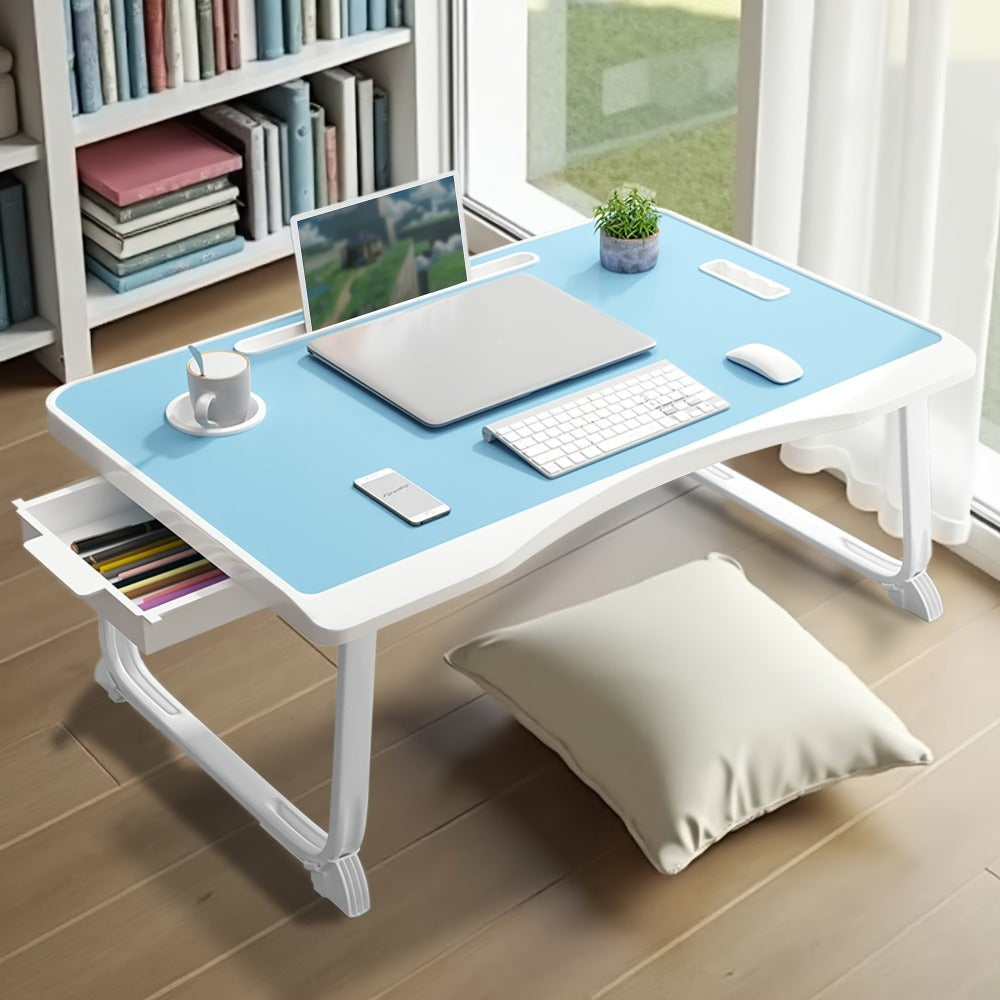Mesa de escritorio para laptop, mesa portátil para laptop con asa, ranura para tarjetas/tazas, cajón lateral, soporte portátil para notebook para comer, leer, trabajar, acampar, cajón lateral para sofá (Negro, Rojo, Blanco, Azul)