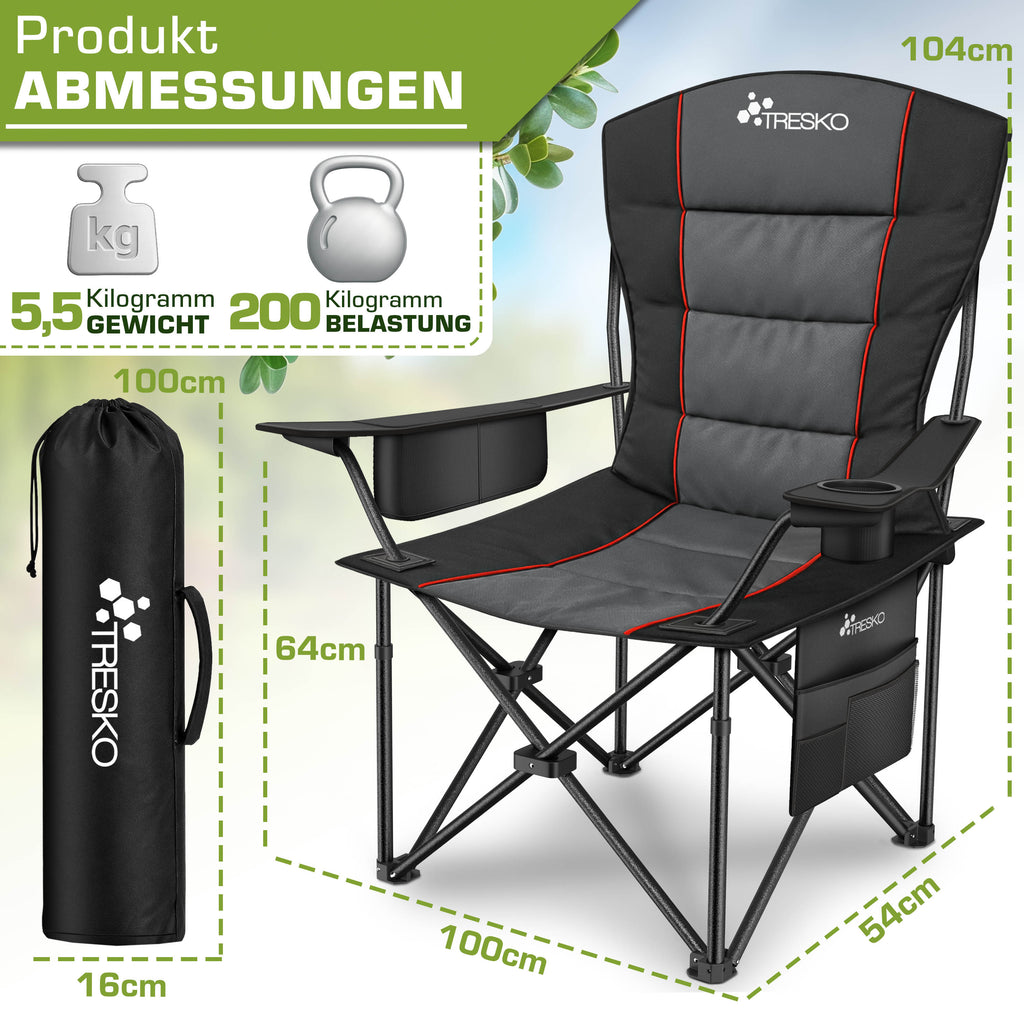 TRESKO® Silla de Camping Plegable hasta 200Kg | Silla Plegable con Bolsa Nevera, Portavasos y Bolsillo Lateral | Silla XXL Plegable Incluye Bolsa de Transporte | Silla de Pesca Acolchada para Exterior, Pesca, Festival y Jardín