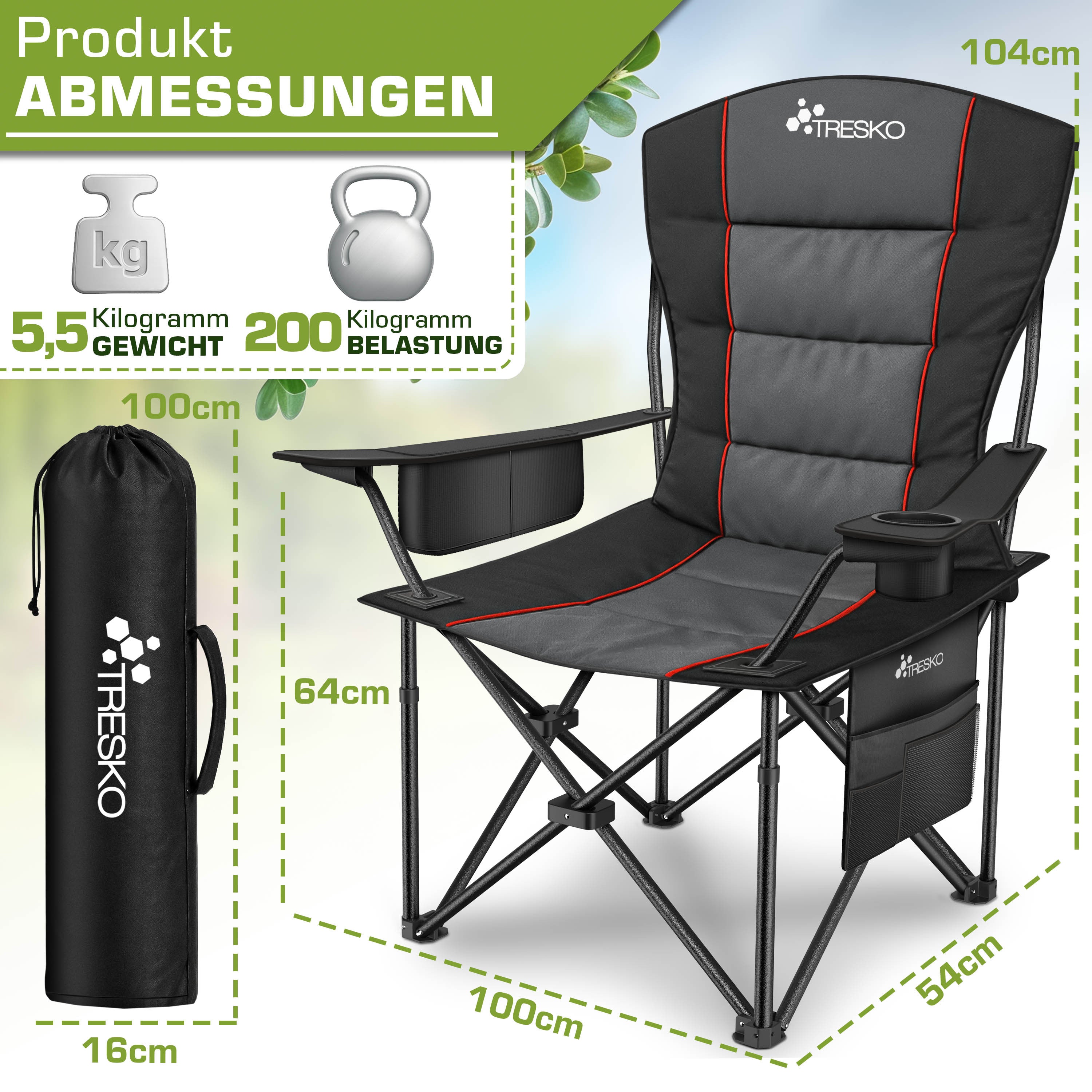 TRESKO® Silla de Camping Plegable hasta 200Kg | Silla Plegable con Bolsa Nevera, Portavasos y Bolsillo Lateral | Silla XXL Plegable Incluye Bolsa de Transporte | Silla de Pesca Acolchada para Exterior, Pesca, Festival y Jardín