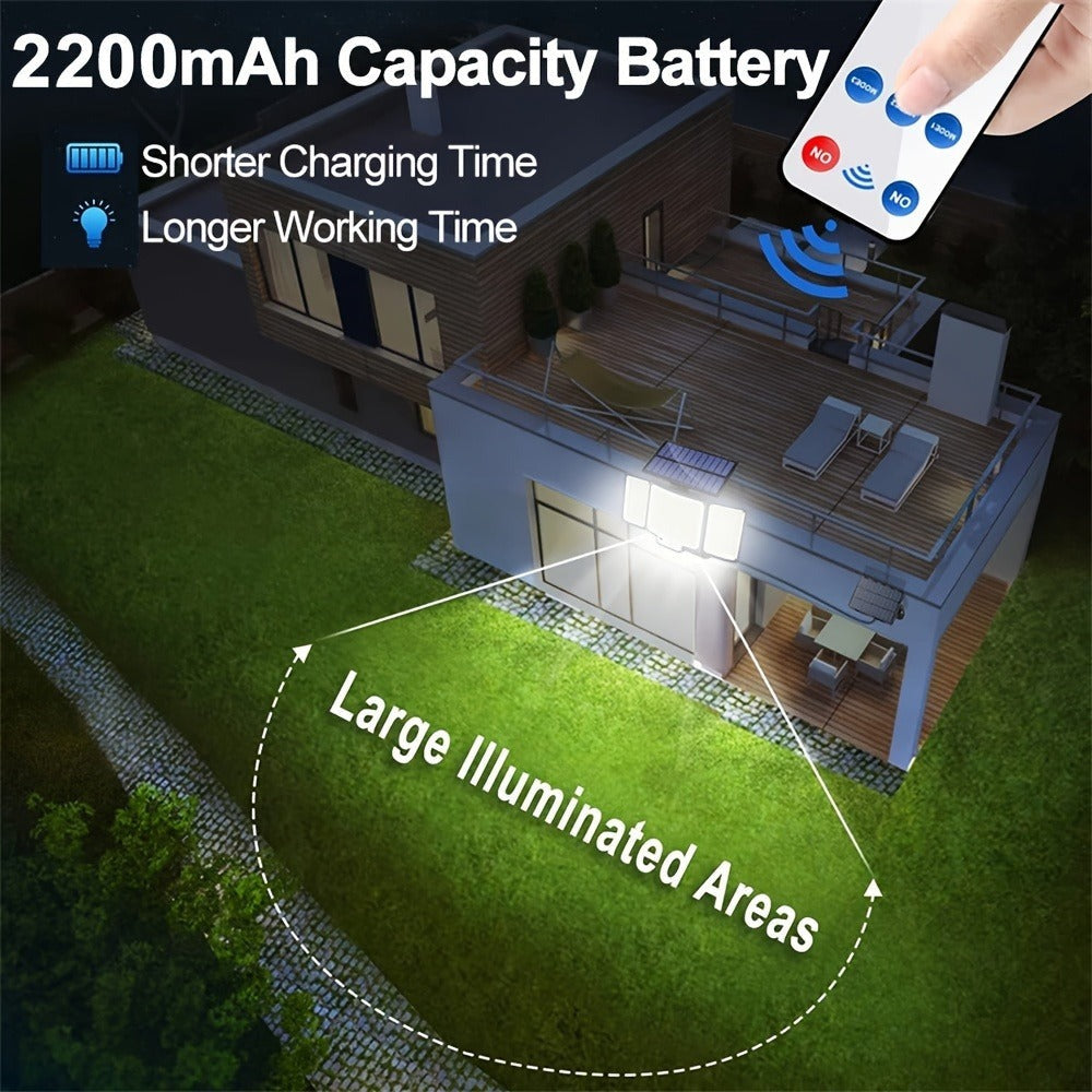 2 luces solares de pared para exteriores, 348 LED, con sensor solar y control remoto, luces plegables ultra brillantes de 3 cabezales para exteriores, focos de jardín sin cableado, para calles comerciales, luces de garaje y luces de emergencia en entradas