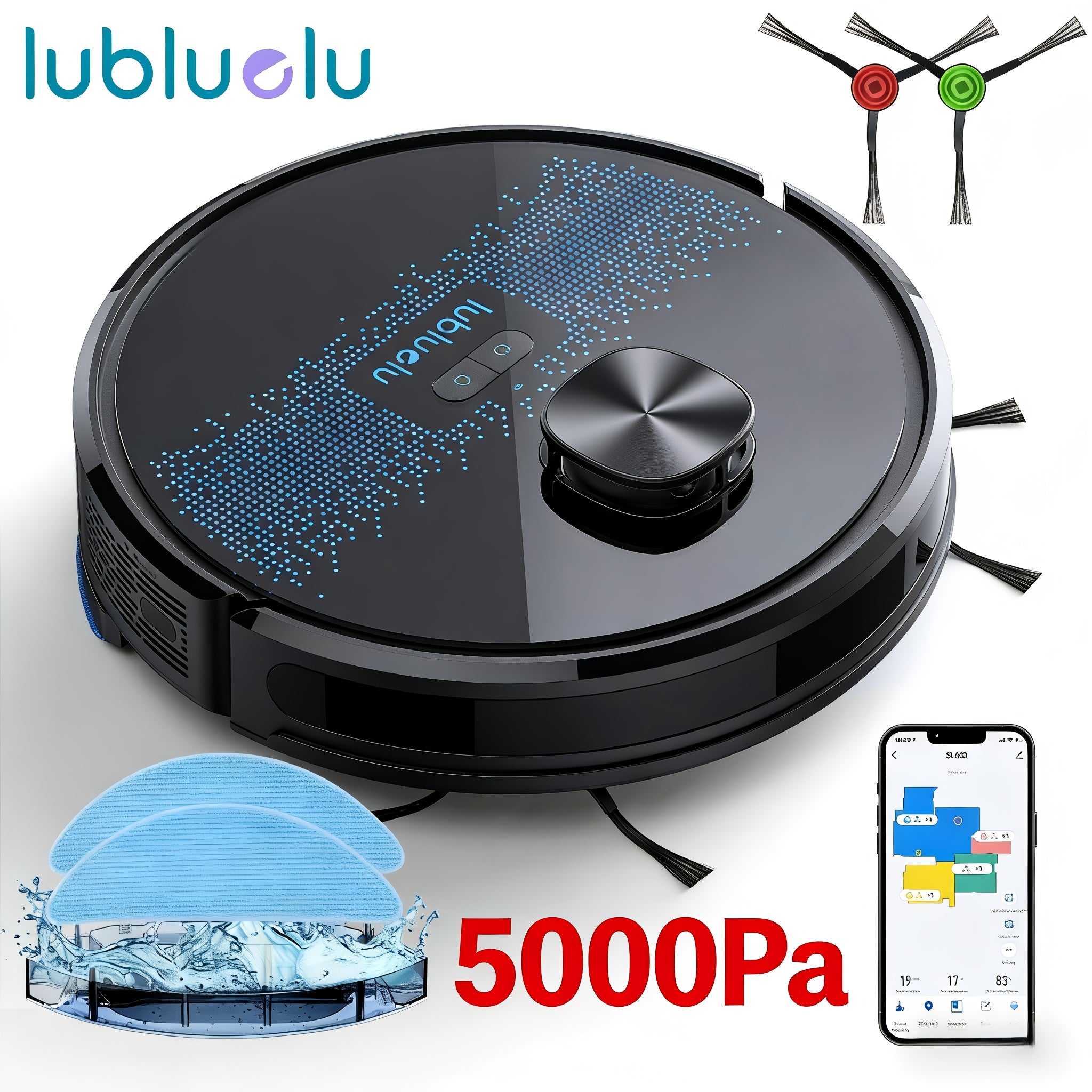 Lubluelu SL60D Robot aspirador y fregona: 5000 Pa de succión, navegación precisa, 5 mapas de piso, 10 zonas de exclusión, recarga automática, limpieza inteligente, control por aplicación inteligente para alfombras, pelo de mascotas, pisos duros