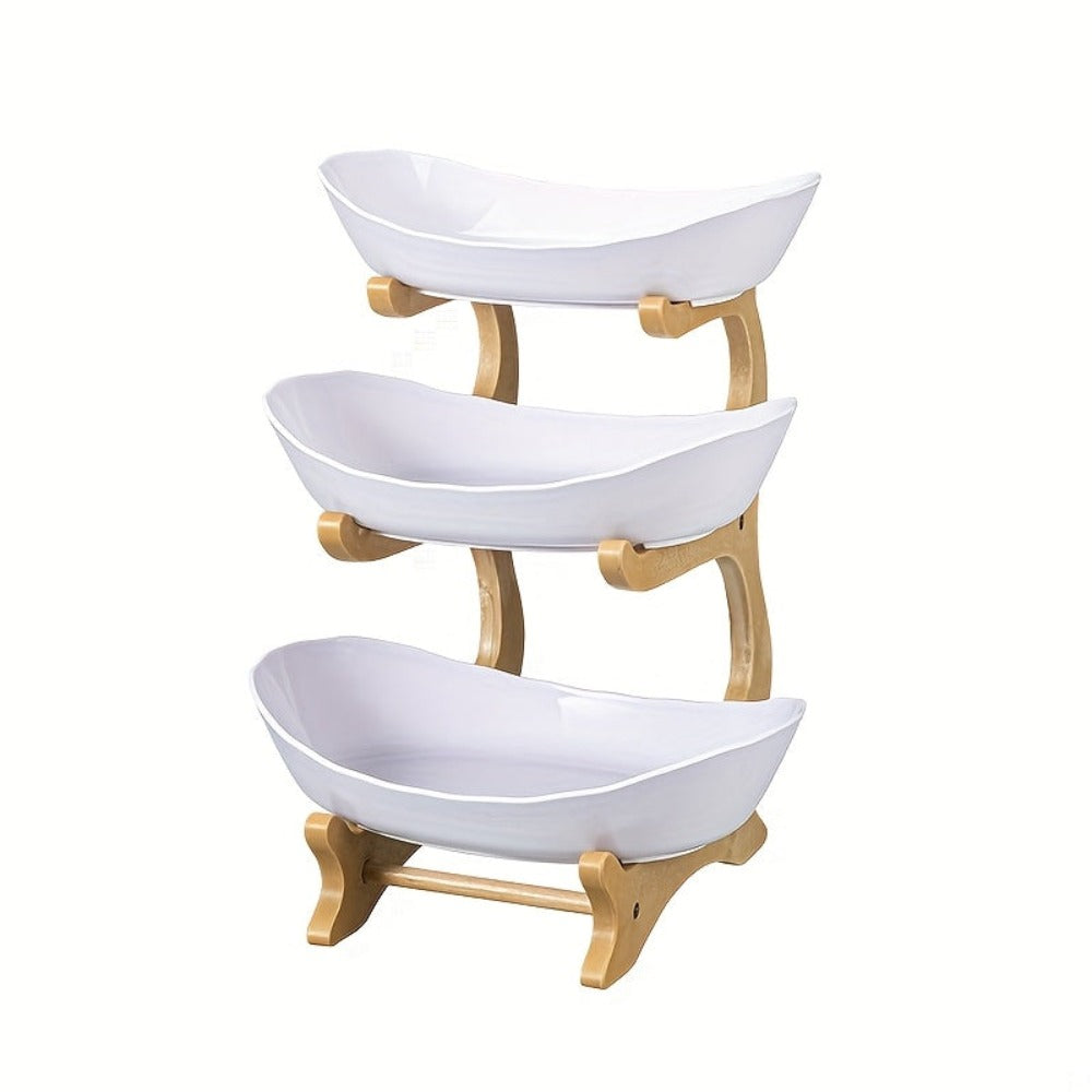 Cesta de frutas blanca de 3 niveles con gran capacidad, plato de frutas de plástico, soporte para pasteles y dulces, diseño en capas para frutas, soporte de bambú y madera, ahorra espacio, adecuado para aperitivos y bandeja de dulces para el hogar