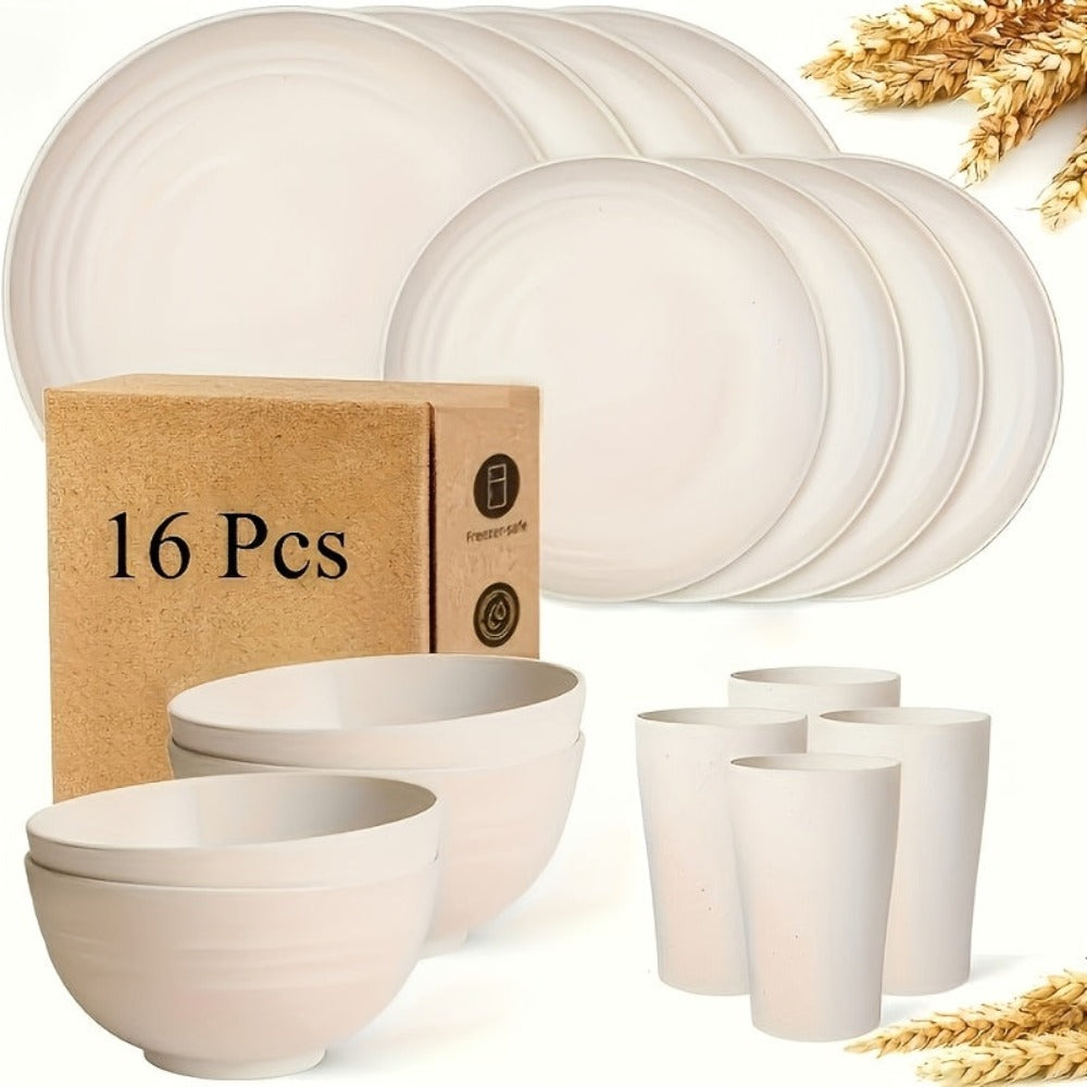 Juego de vajilla duradero de 32/16 piezas de paja de trigo - Apto para microondas y lavavajillas - Platos, cuencos y tazas reutilizables - ¡Perfecto para uso diario!