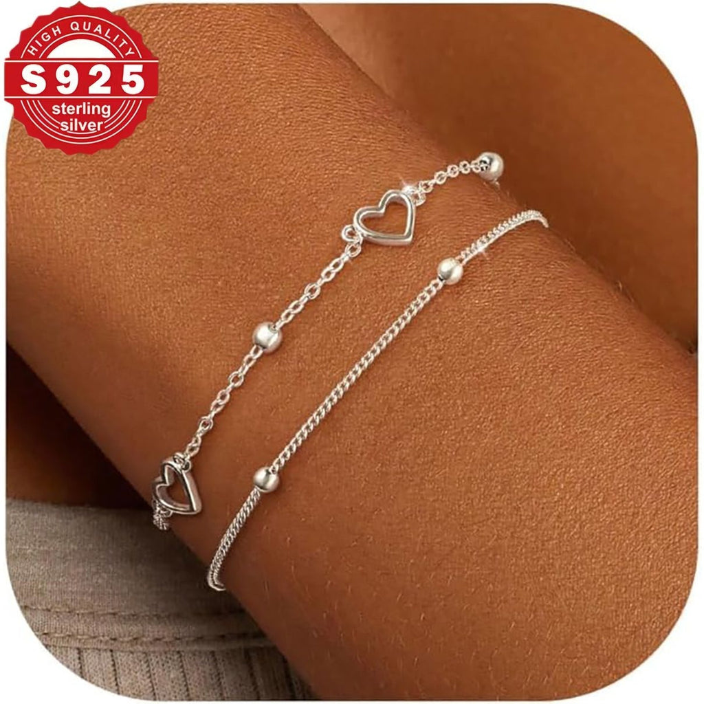 Juego de Pulseras para Mujer en Plata 925, Pulseras Ajustables y Apilables con Corazón y Perla, Pulsera Brillante de Amor, Regalo de Joyería para Mujer, 16 cm + 5 cm