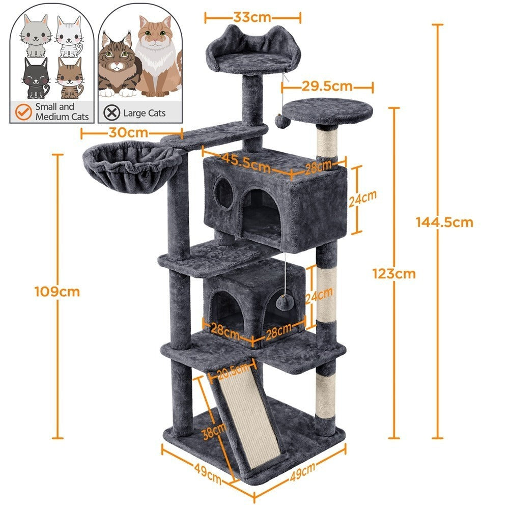 Rascador para gatos Costoffs, de 145 cm de altura, robusto árbol trepador con postes de sisal para rascar, 2 cuevas para gatos y sisal de juego para gatos