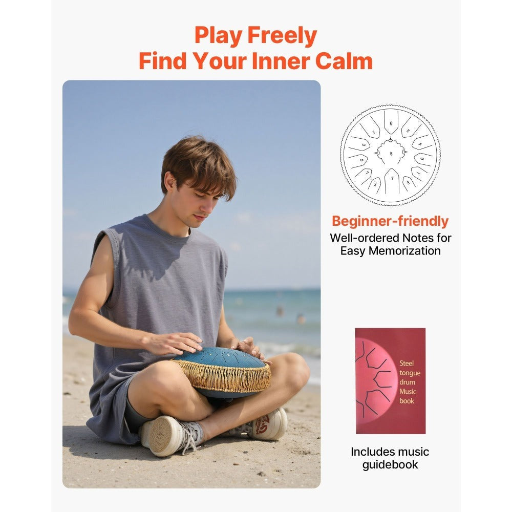 VEVOR Tambor de Lengüeta de Acero, 12 Pulgadas 13 Notas Tambor de Lluvia para Jardín Exterior, Tambores Musicales en Do Mayor con Libro de Música y Baquetas, Instrumento de Percusión para Meditación Yoga Educación Musical para Principiantes, Azul Marino