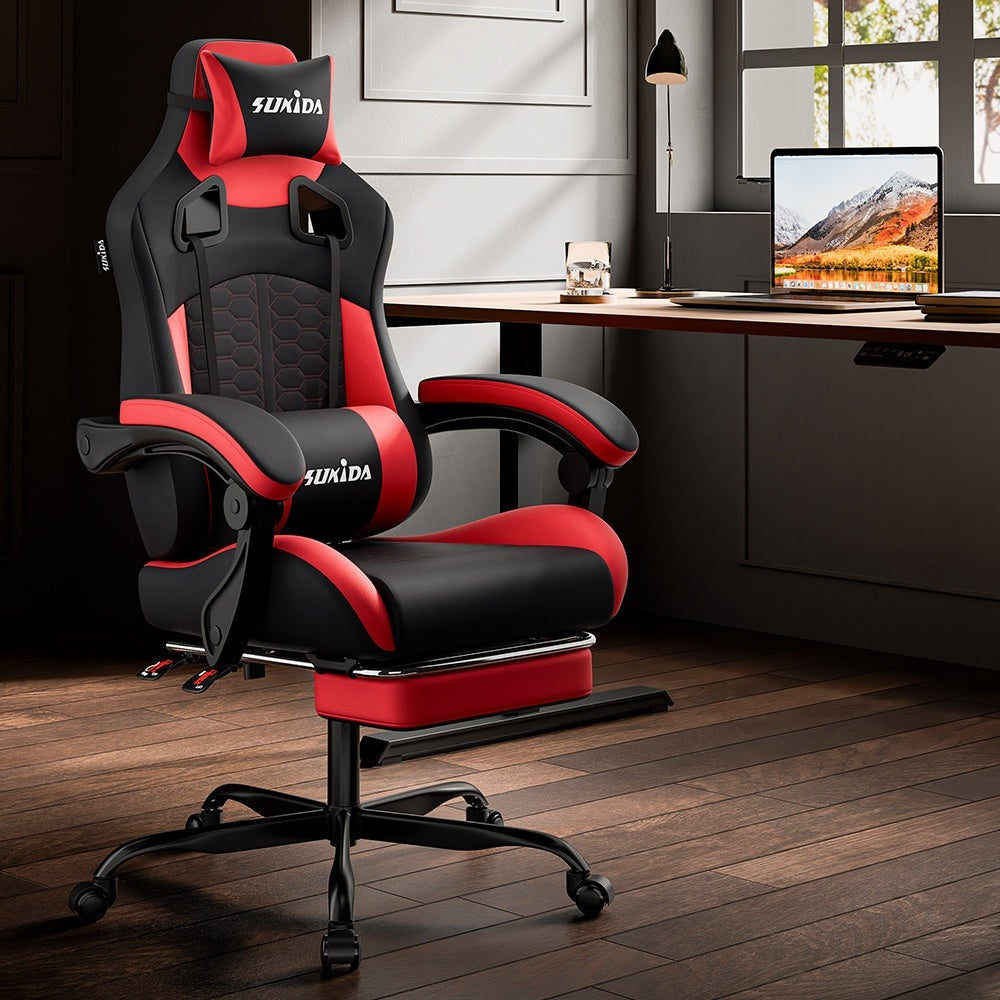 Silla Gaming, Silla Esports, Silla Gaming Ergonómica con Reposapiés, Silla Gaming de Carreras con Reposacabezas Ajustable, Silla de Ordenador con Altura Ajustable y Soporte Lumbar, Adecuada para Oficina en Casa y Gaming, Beige, Azul, Negro, Rojo, Naranja