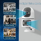 Cámara IP Inalámbrica de Doble Lente, Cámara de Seguridad PTZ para Exteriores con WiFi 2.4G, Pantalla Dual, Seguimiento Automático, Visión Nocturna, Audio Bidireccional, Detección de Movimiento para Seguridad en Hogar, Calle y Monitoreo