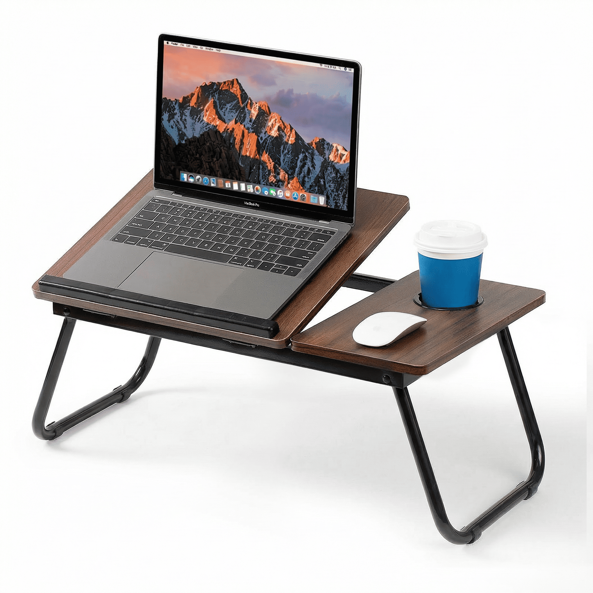 Mesa plegable para cama y sofá con altura ajustable de 5 niveles, bandeja con superficie ajustable y portavasos, mesa pequeña multifunción para ordenador, libros, trabajo y estudio en casa (56x32x25cm)