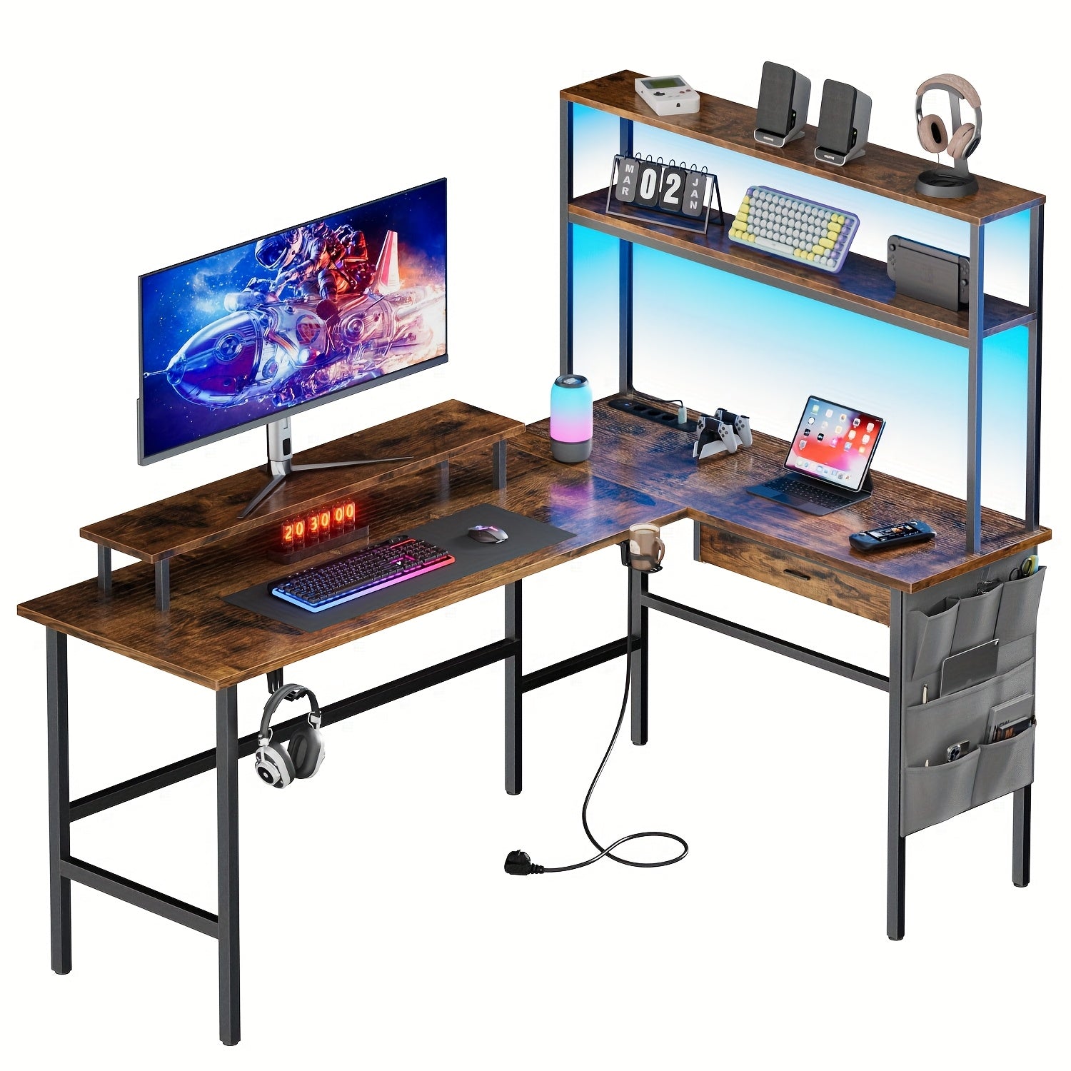 Escritorio Gaming en Forma de L con Luz LED y Toma de Corriente - Escritorio para Gamers, Escritorio Reversible para Computadora de 59/67 Pulgadas con Estantes de Almacenamiento y Cajón y Bolsa, Mesa de Juego de Esquina con Soporte para Monitor, Oficina e