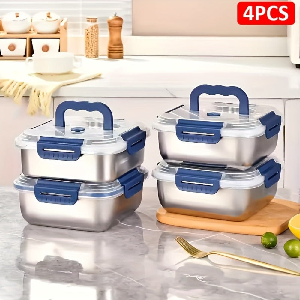 Juego de 2/4 piezas de recipientes herméticos de acero inoxidable para almacenar alimentos con tapas, aptos para microondas, reutilizables, perfectos para refrigerador, ideales para preparación de comidas, cocina al aire libre, esenciales de cocina, recip