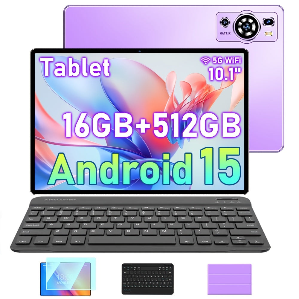 Tablet | Tablet de 10.1 pulgadas con teclado, Android 15, 16GB RAM (8GB+8GB de expansión), 512GB ROM, Expandible a 1TB, Wifi/Lte, 6000Mah, con