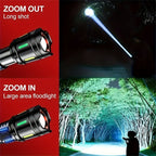 Una potente linterna recargable de alto brillo, con un diseño LED portátil zoomable, cuatro modos de iluminación y un display electrónico inteligente. Ideal para camping, emergencias en el hogar, caza, senderismo y pesca.
