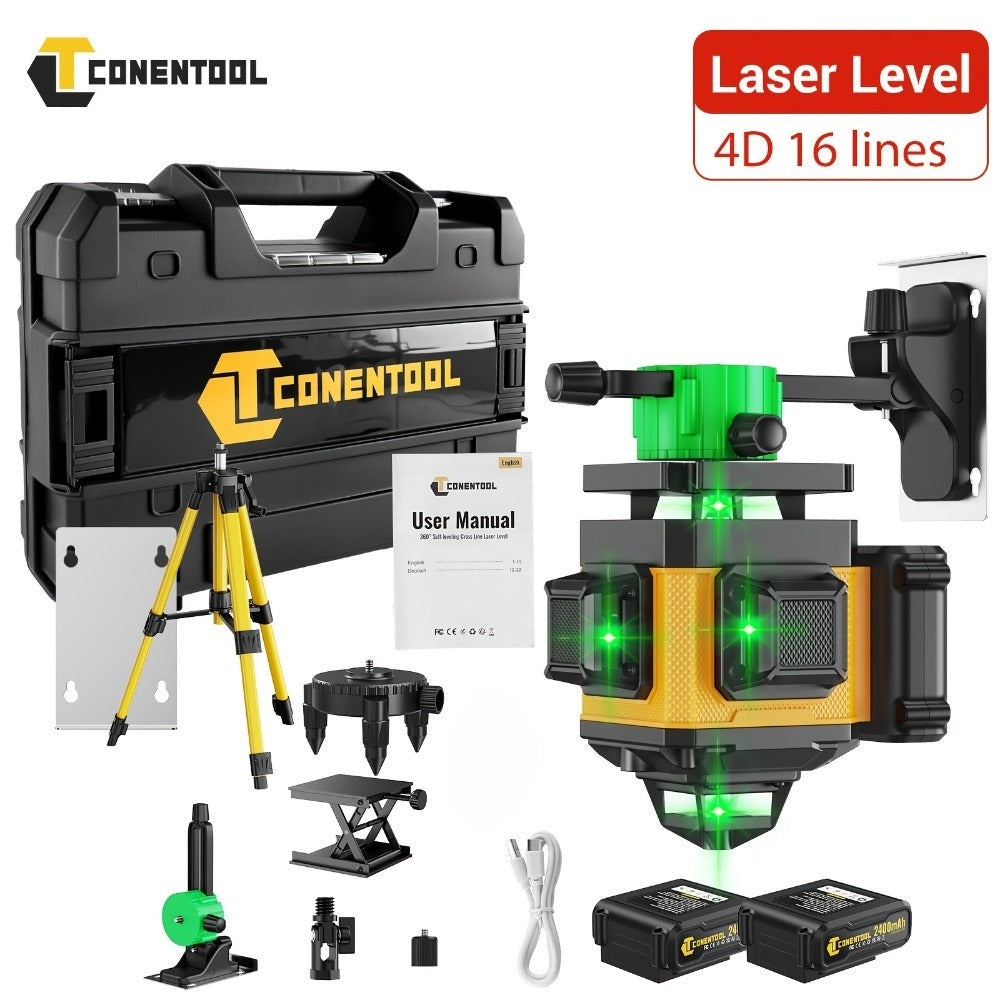 Nivel Láser Verde 4D de 16 líneas con retícula horizontal y vertical de alta precisión, rotación de 360°, nivelación automática y es un nivel láser multifuncional para medición precisa. Equipado con dos baterías de litio de 2400mAh/3600mAh