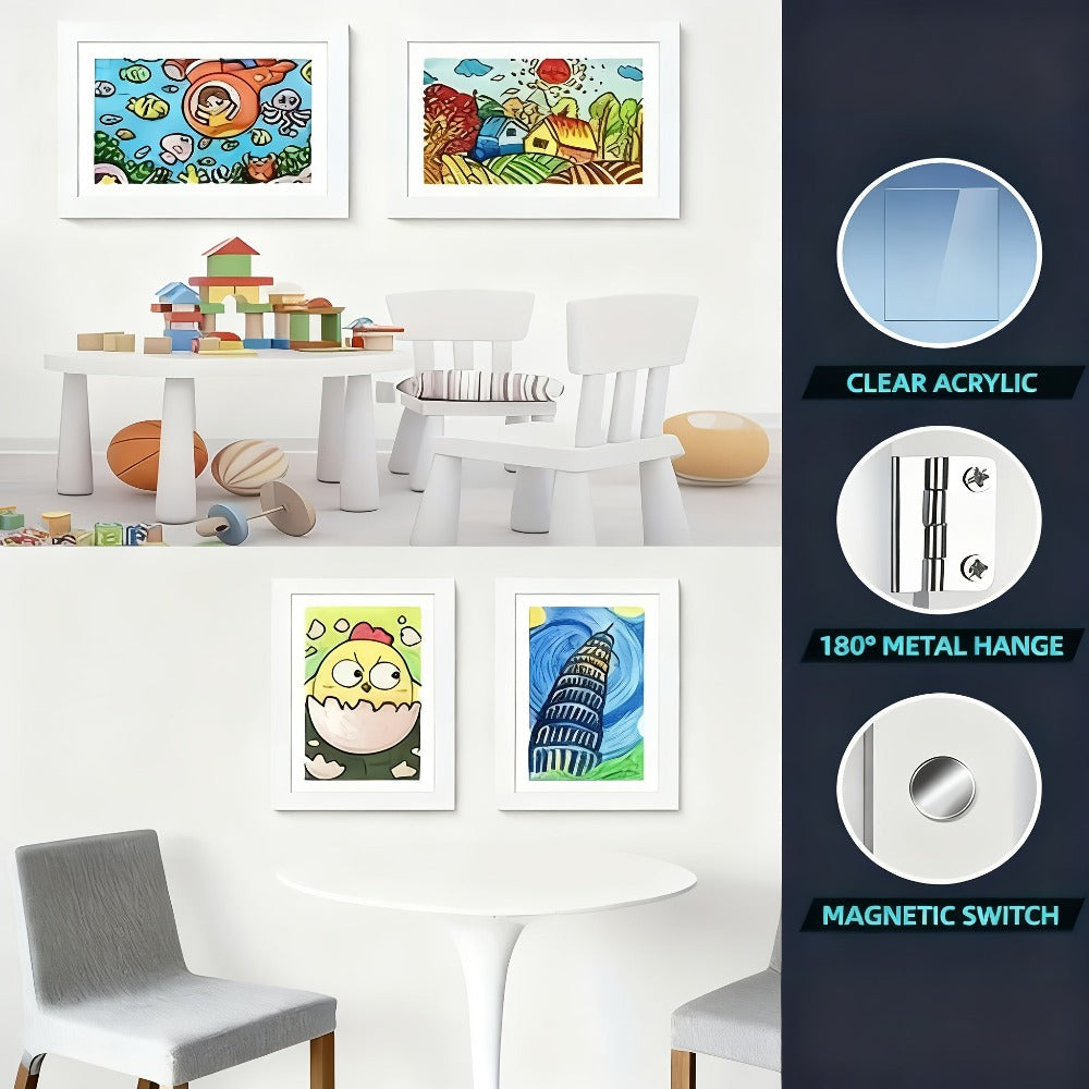 2 Piezas de Marcos con Tapa Abatible - Tamaño A4, Exhibición para Habitaciones Infantiles, Diseño para Decoración del Hogar, Capacidad para 150 Obras de Arte A4, Decoración Montable en Pared para Hogar y Oficina