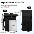 RAINSMORE Mochila Rolltop para Mujeres y Hombres, Mochila Portátil 43.18 cm, Gran Mochila de Viaje, Mochila de Senderismo Negra, Talla L