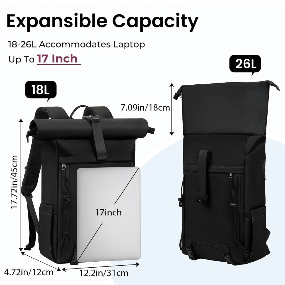 RAINSMORE Mochila Rolltop para Mujeres y Hombres, Mochila Portátil 43.18 cm, Gran Mochila de Viaje, Mochila de Senderismo Negra, Talla L
