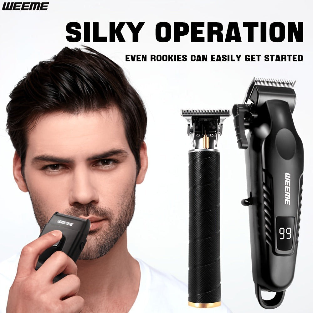 Kit de aseo eléctrico WEEME para hombre, , 3 piezas - Cortapelos + Recortador de barba + Máquina de afeitar eléctrica, carga USB, pantalla LCD de nivel de batería, ideal para peinado/afeitado/esculpir, uso en casa y viajes familiares en coche, regalo del