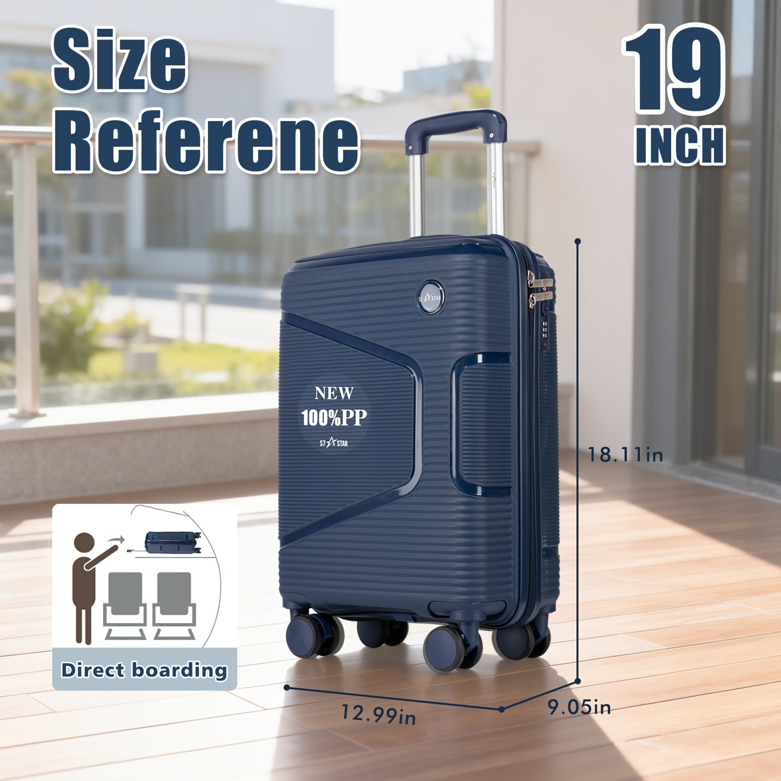 Equipaje de mano de 19 pulgadas, 8 colores, material PP 100% resistente y anti-presión, cerradura de contraseña Trinity y ruedas giratorias de 360°, cremallera protectora suave, asa elástica, se ajusta al compartimento superior del avión
