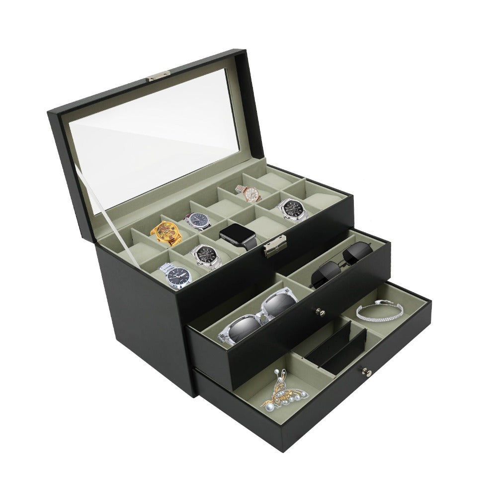 Caja de Joyería, Estuche de Almacenamiento de Joyería con 2 Cajones, Organizador de Joyería de 3 Niveles, Estuche de Reloj con 12 Ranuras, Gabinete de Joyería de Escritorio para Pendientes y Anillos, Gran Regalo, Negro