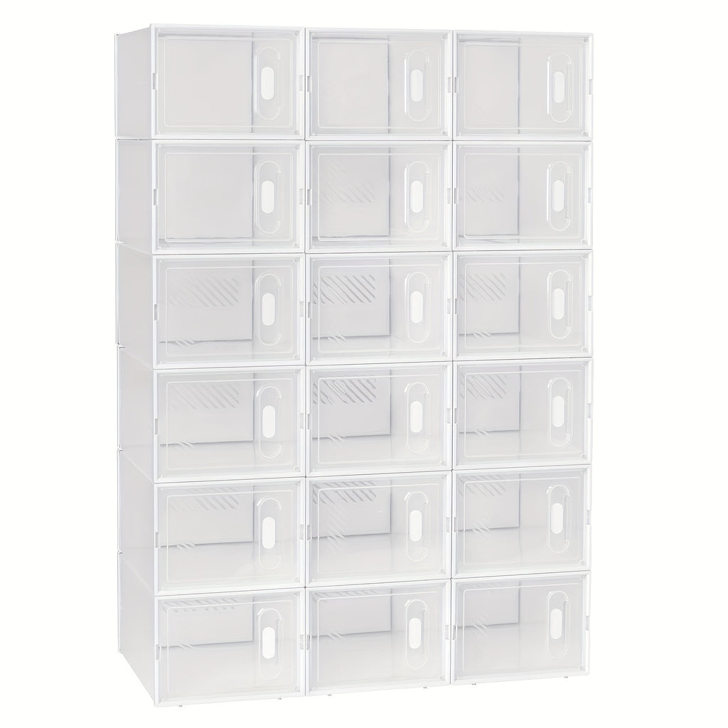 1pc Zapatero, con 18 Cajas Apilables para Zapatos, Sistema de Estantes para Zapatero con Cierre Magnético, Estante de Plástico DIY, 25x19x35cm, Blanco Transparente