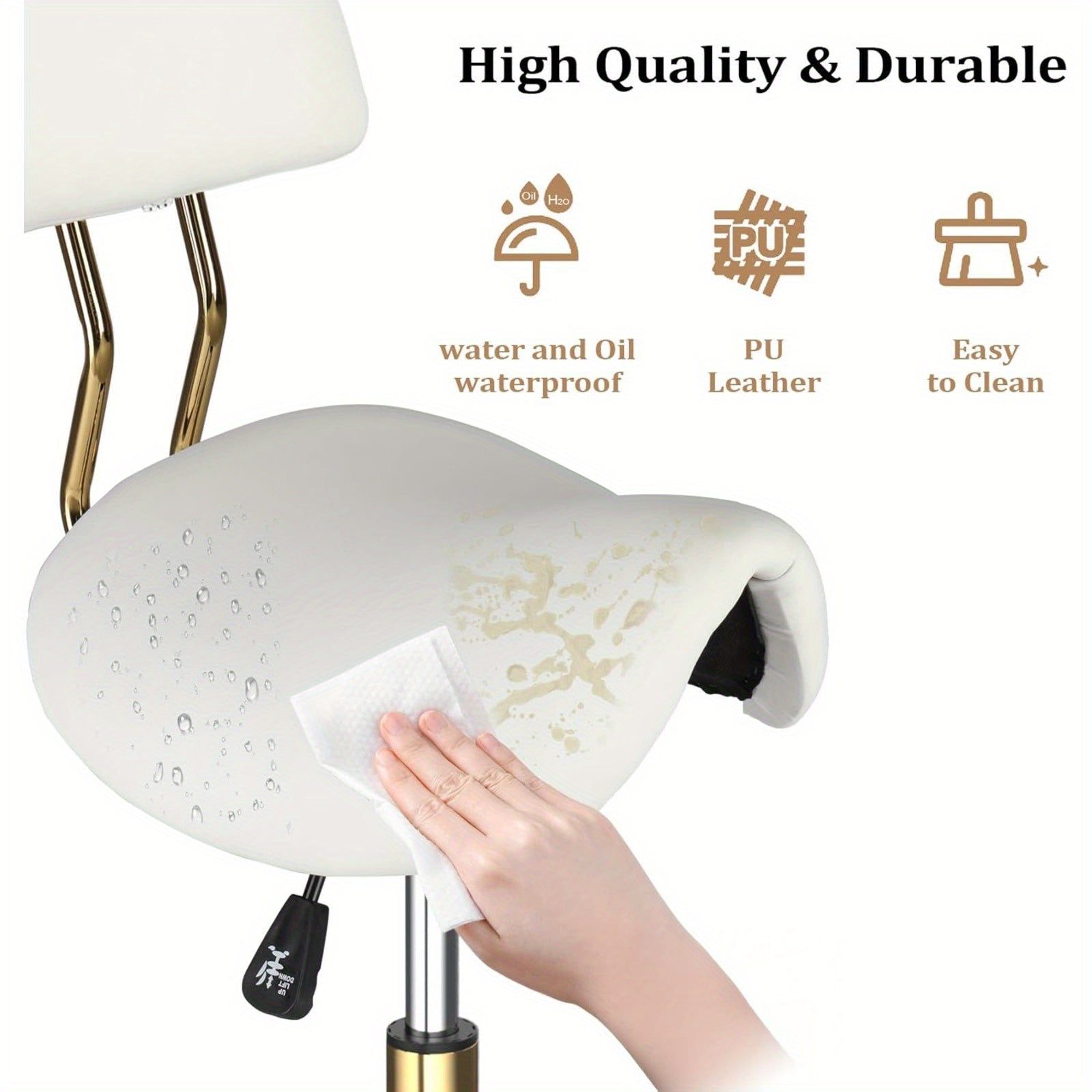 Taburete Bonnlo con Respaldo Extraíble, Taburete Giratorio de 360°, Taburete de Altura Ajustable (48-63Cm), Taburete Ergonómico con Ruedas y Capacidad de Carga de 180Kg para Salón/Oficina/Bar, Cuero Sintético (Blanco-Dorado, 40X34X91)