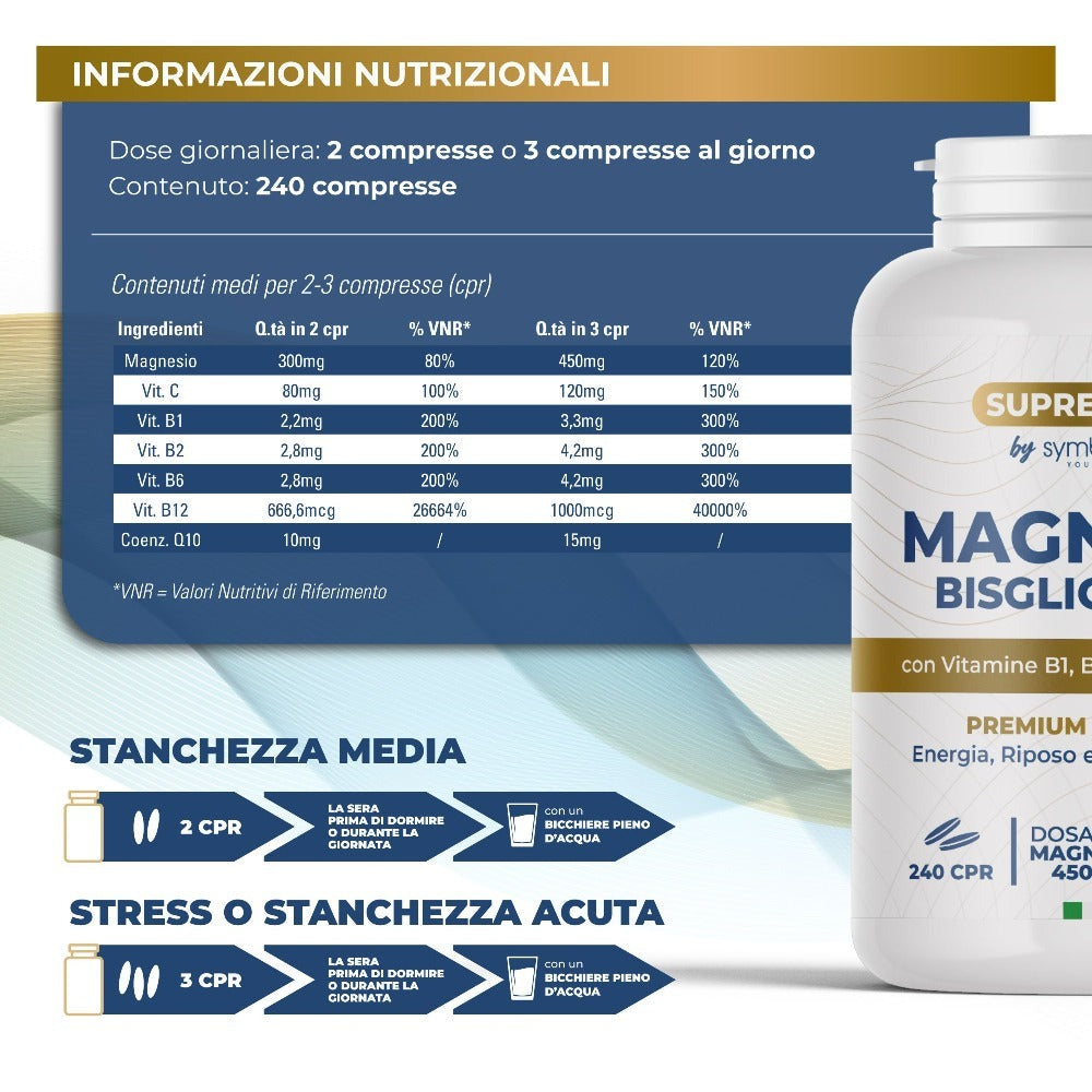 SUPREME MAGNESIO BISGLICINATO 450Mg (Hasta 4 Meses) 240 Pastillas - Complejo Premium | Vitamina B12, B1, B2, B6, C y Coenzima Q10 | Suplemento - Vegano y Hecho en Italia