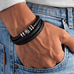Muñequera de Cuero para Hombre, Brazalete Trenzado Negro con Cierre Magnético de Acero Inoxidable, Regalo para Hombres en el Día de San Valentín, Cumpleaños, 21Cm Adecuado para la Mayoría.
